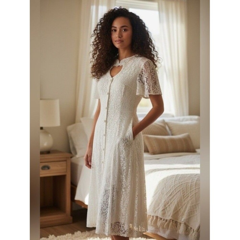 Vtg Jodi Lace Overlay White Flutter Sleeve Sweetheart Maxi Dress Small Petite